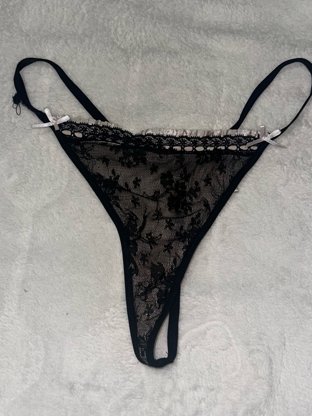 Victoria's Secret Black Lace Thong with Silver Bow Accents